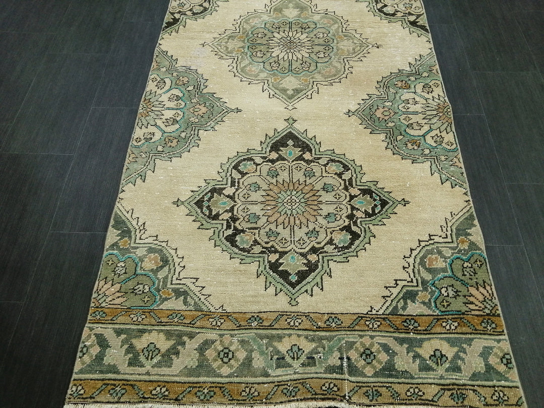 Beige Turkish Runner Rug 3' 6" x 12' 10" Hand-Knotted close-up