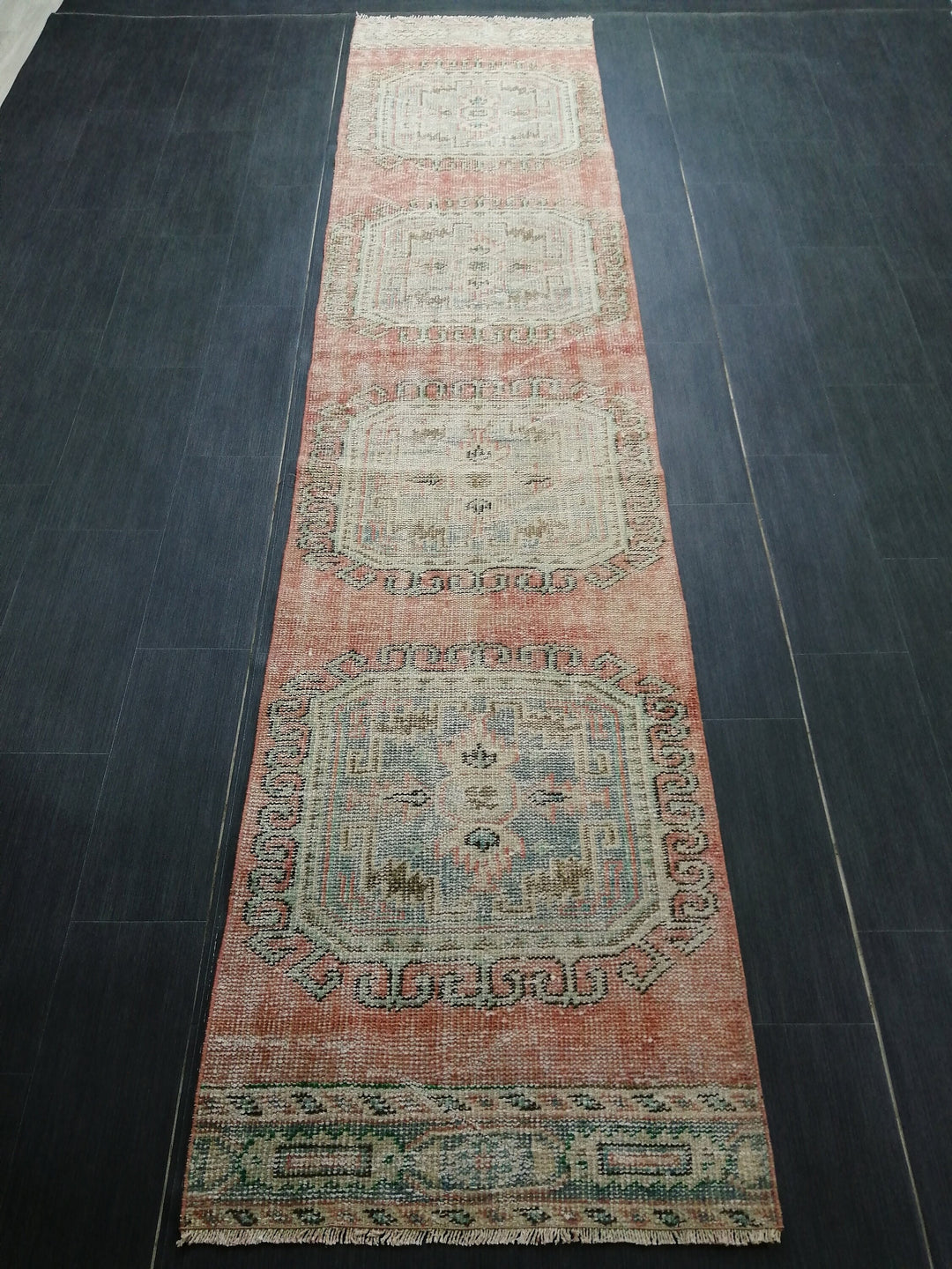 Beige Turkish Distressed Runner Rug 2' 5" x 10' 11" Hand-Knotted | No. WR75495