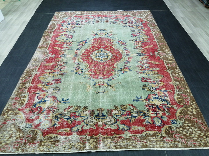 Red Turkish Runner Rug 6' 8" x 9' 6" Hand-Knotted