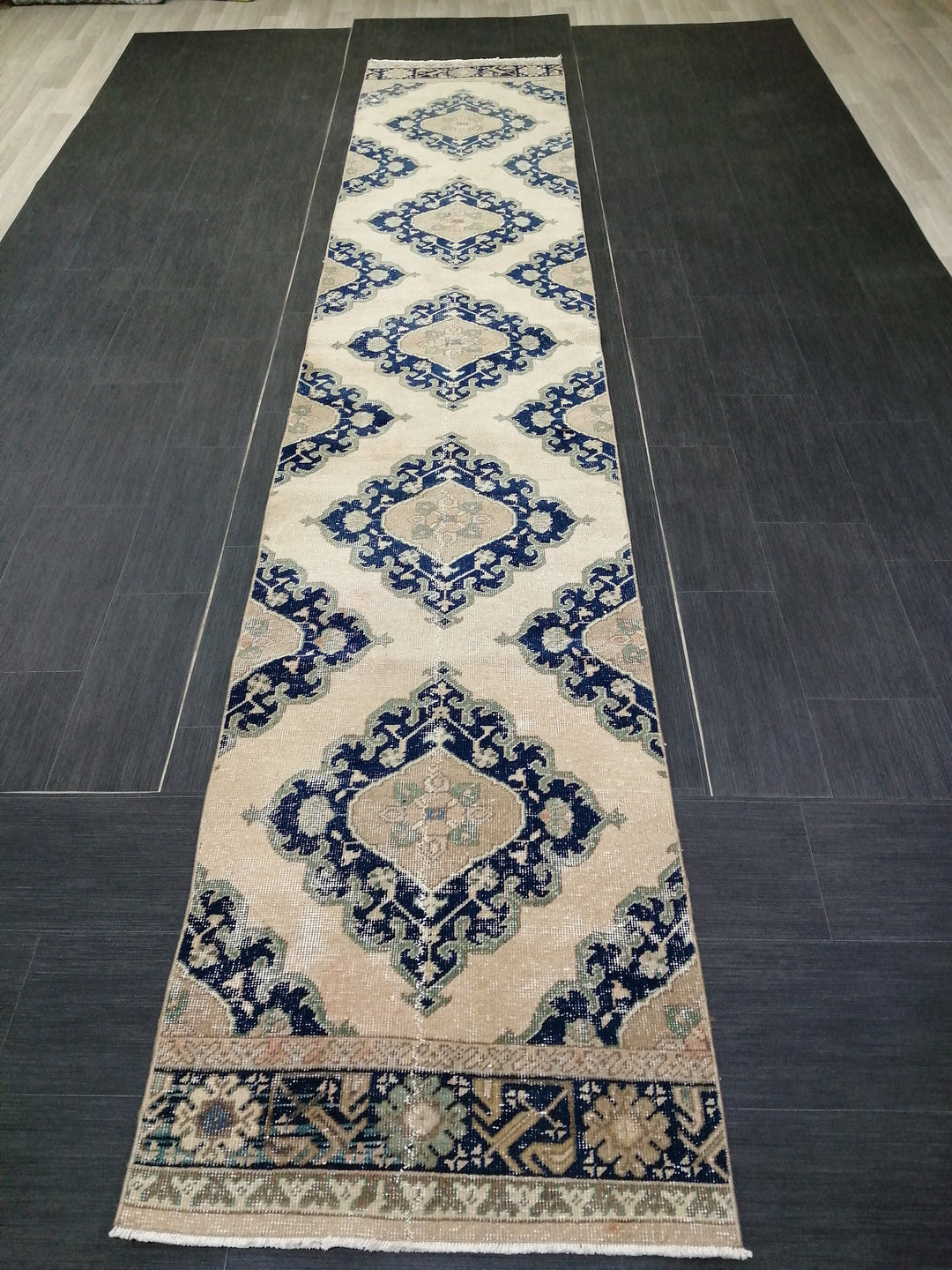 Navy Turkish Runner Rug 2' 7" x 14' 1" Hand-Knotted border