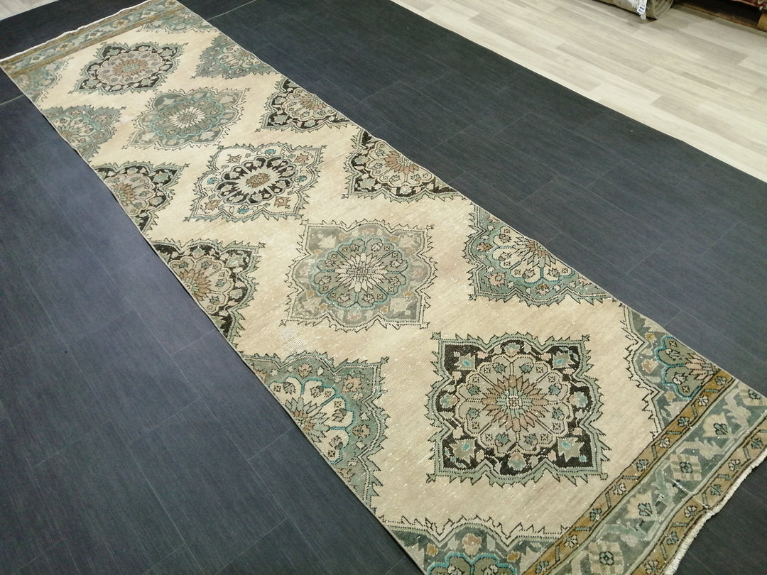 Beige Turkish Runner Rug 3' 6" x 12' 10" Hand-Knotted