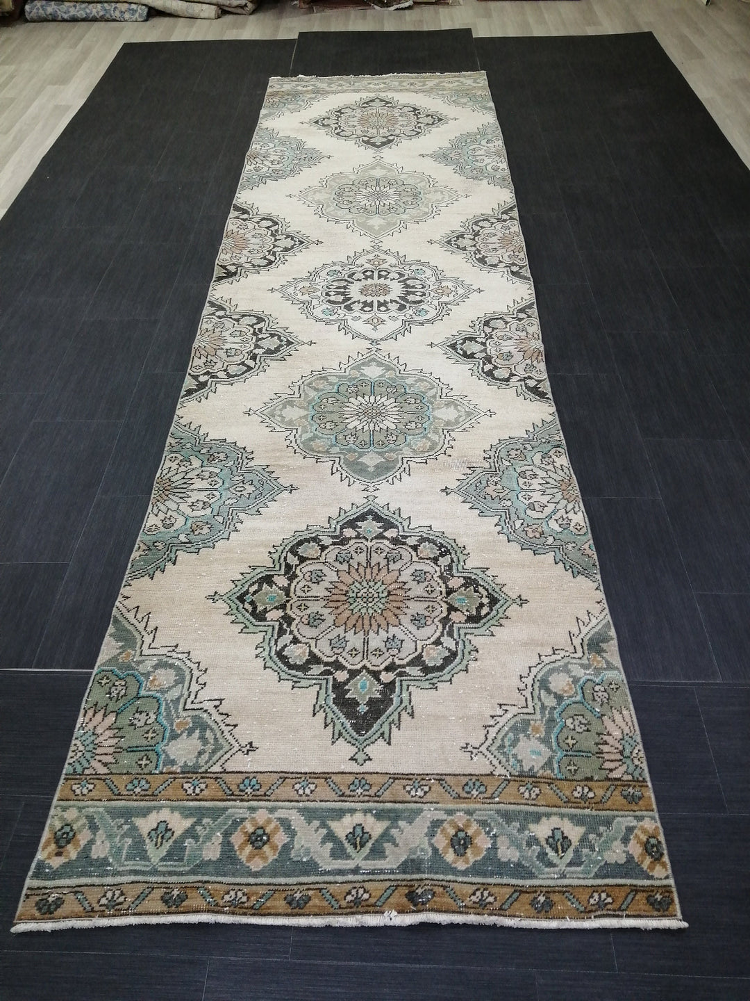 Beige Turkish Runner Rug 3' 6" x 12' 10" Hand-Knotted field
