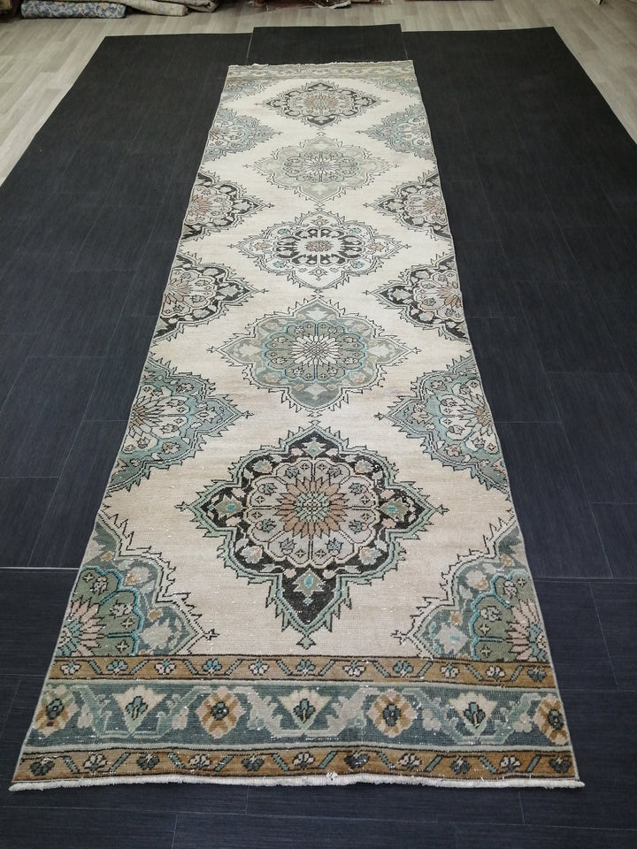 Beige Turkish Runner Rug 3' 6" x 12' 10" Hand-Knotted field