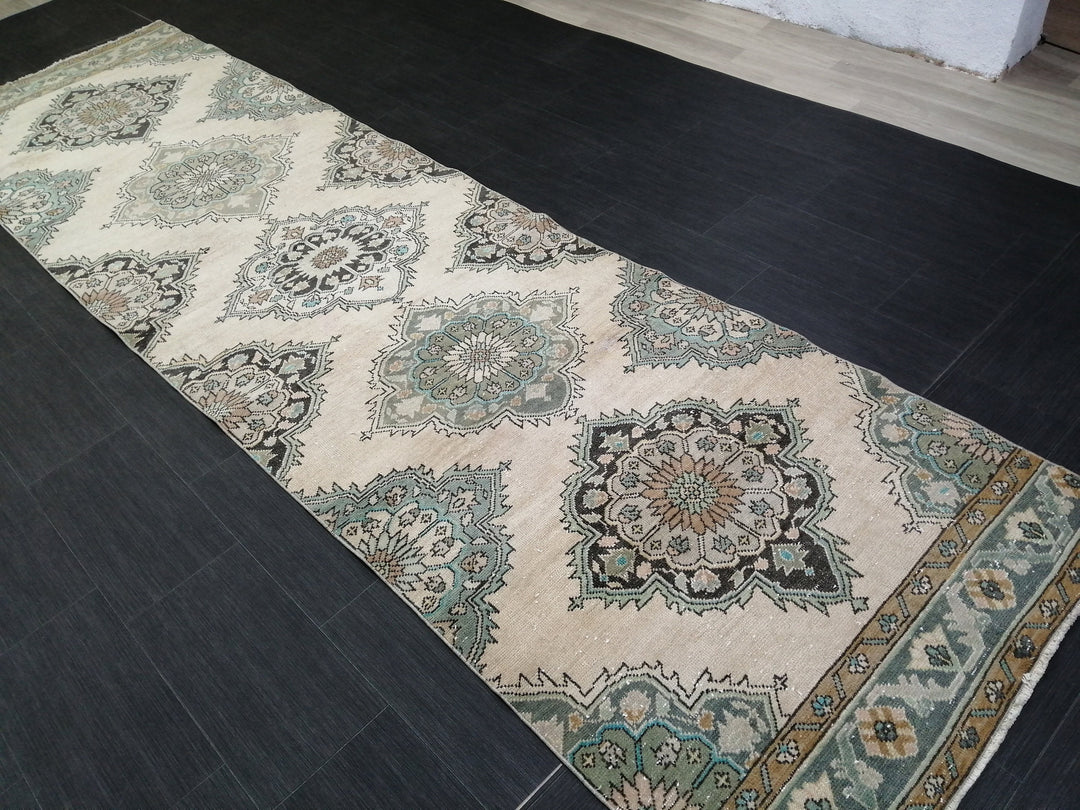 Beige Turkish Runner Rug 3' 6" x 12' 10" Hand-Knotted texture