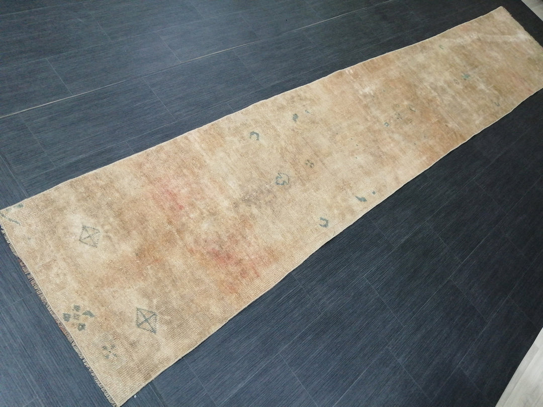 Tan Turkish Runner Rug 2' 4" x 12' 4" Hand-Knotted detail