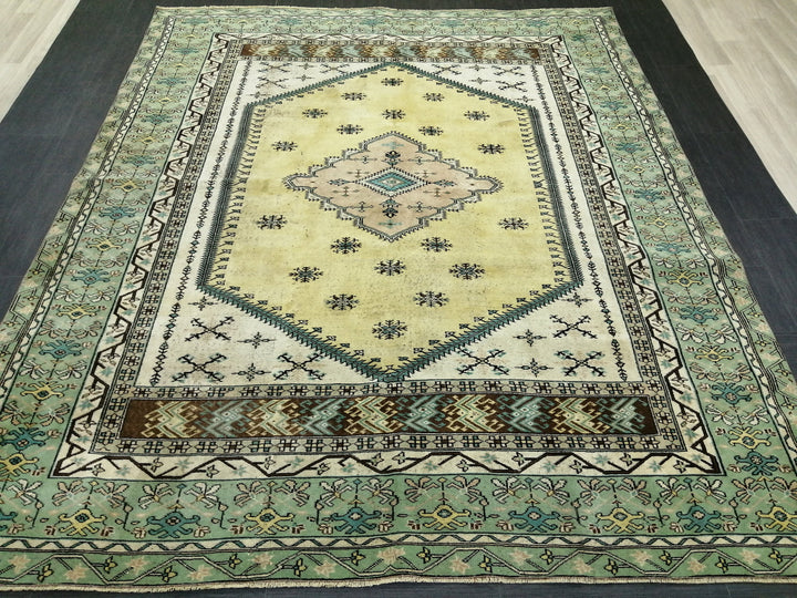 Green Turkish Runner Rug 7' 3" x 8' 8" Hand-Knotted | No. WR16743