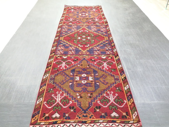 Beige Turkish Runner Rug 3' 4" x 10' 11" Hand-Knotted close-up