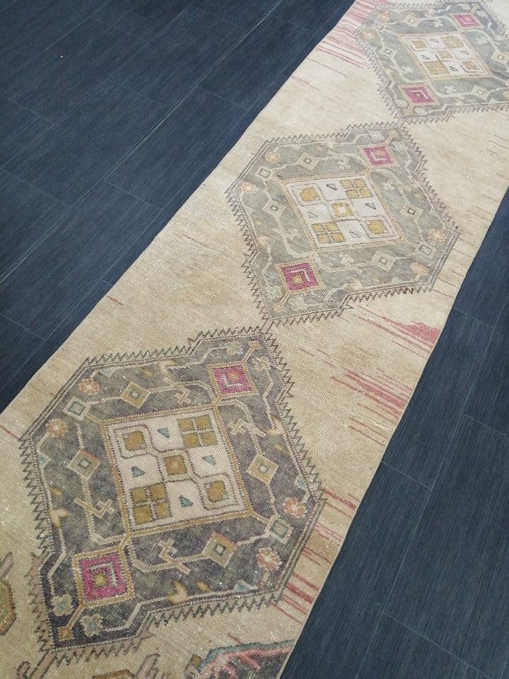 Tan Turkish Runner Rug 2' 7" x 11' 1" Hand-Knotted reverse