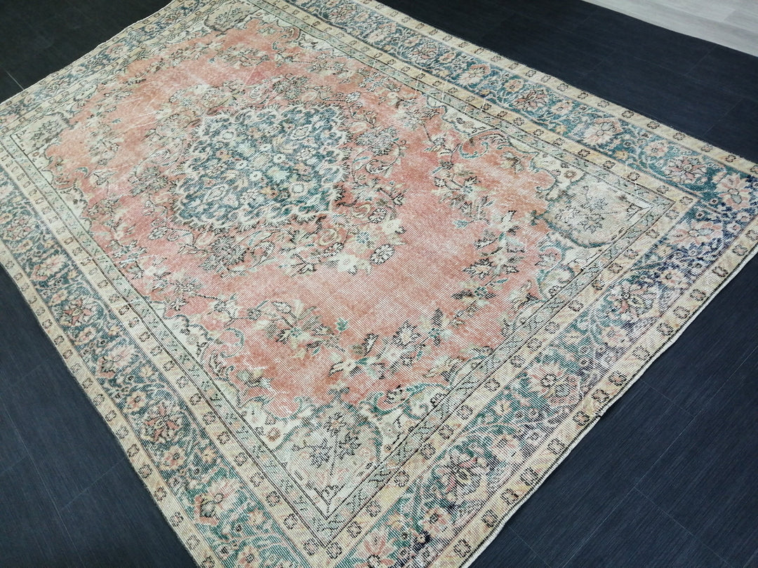 Tan Turkish Oushak Rug 6' 5" x 9' 8" Hand-Knotted field
