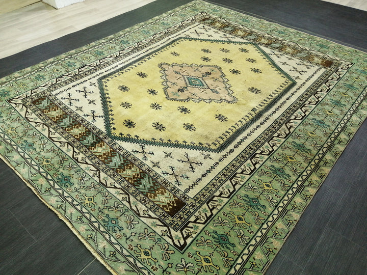 Green Turkish Runner Rug 7' 3" x 8' 8" Hand-Knotted | No. WR16743