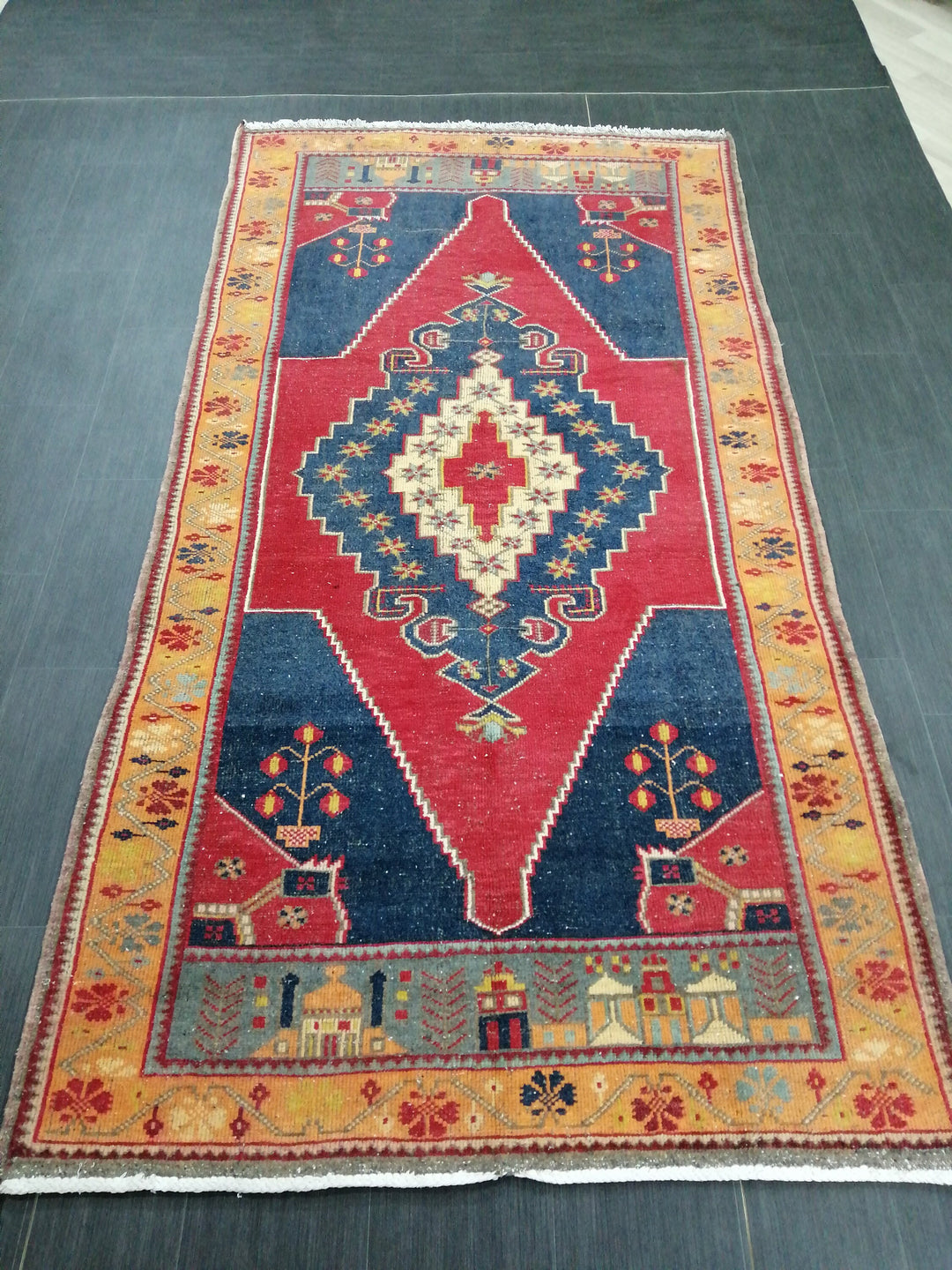Blue Turkish Runner Rug 4' 8" x 9' Hand-Knotted | No. WR42182
