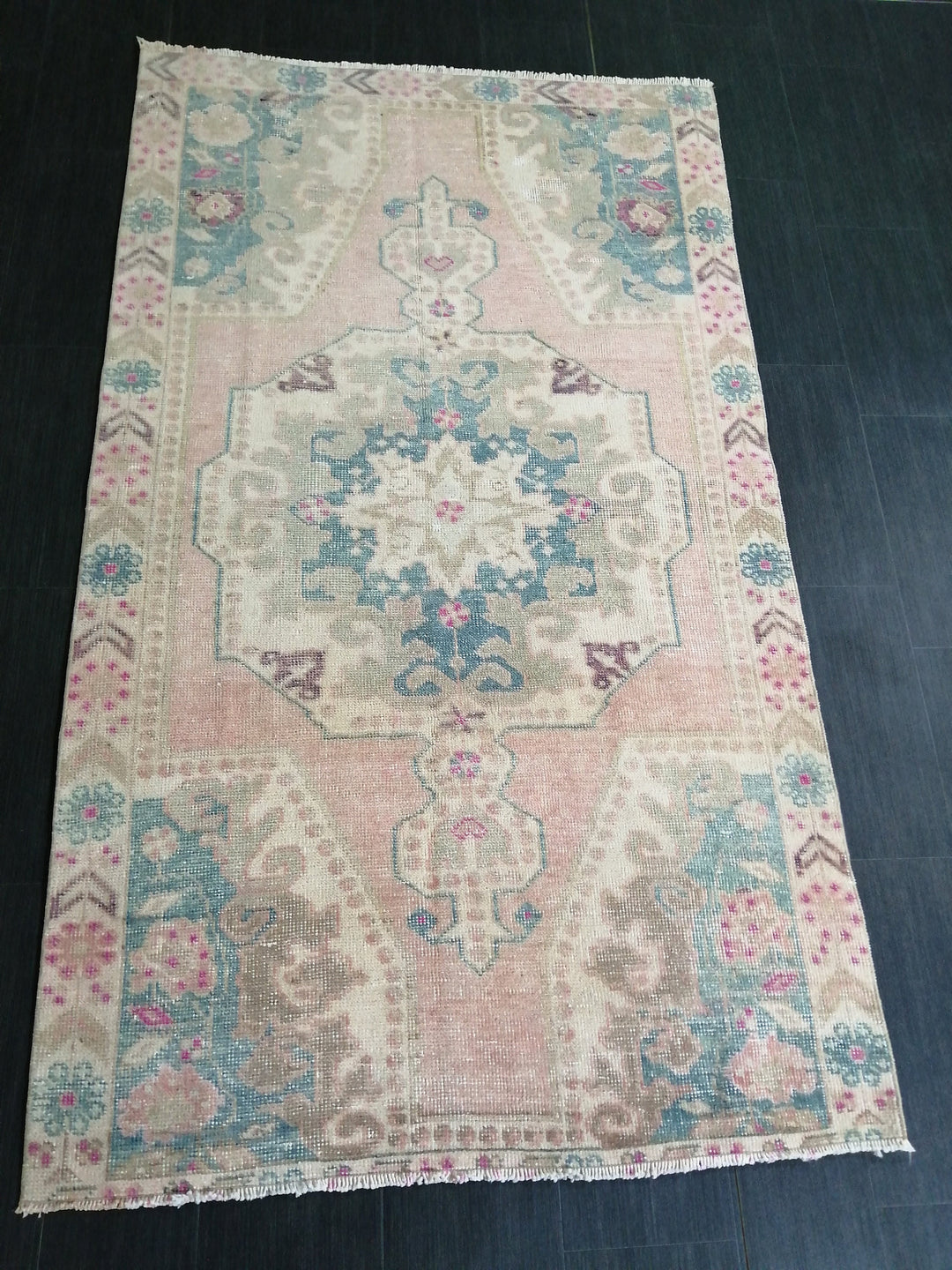 Pink Turkish Runner Rug 4' x 7' Hand-Knotted detail