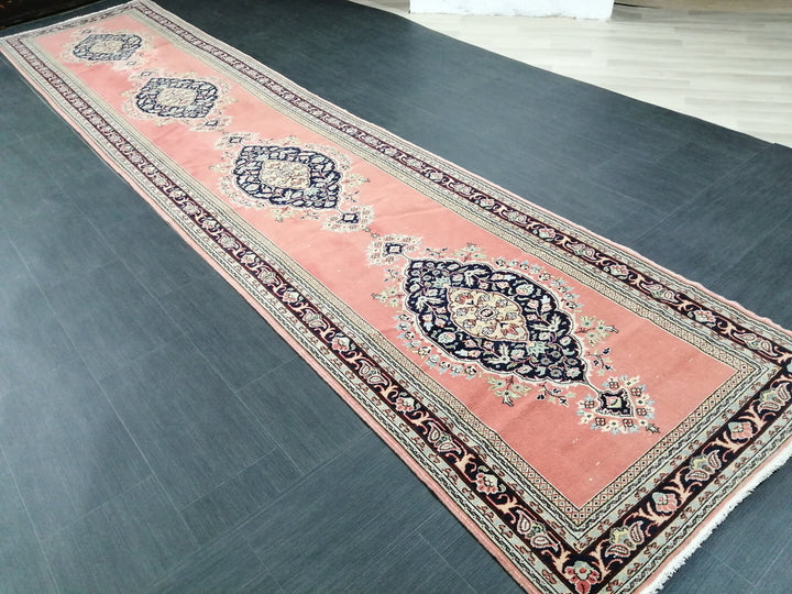 Pink Turkish Runner Rug 3' 3" x 14' 7" Hand-Knotted reverse