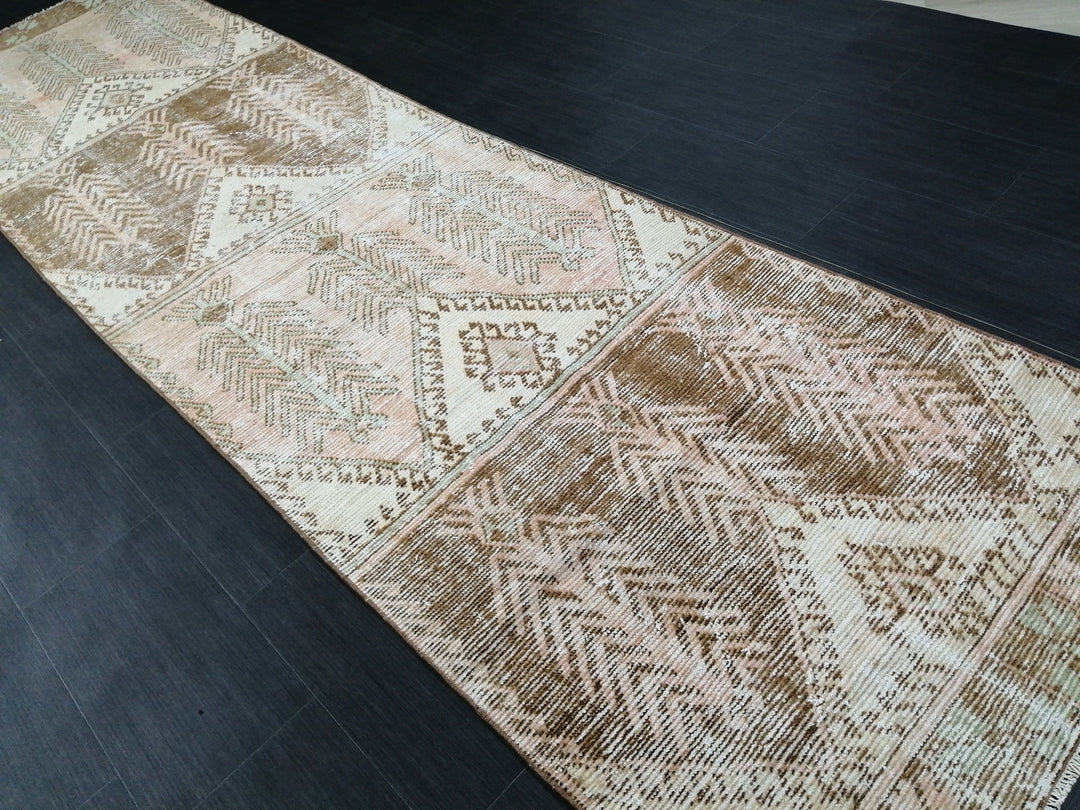 Tan Turkish Runner Rug 3' 3" x 12' 2" Hand-Knotted