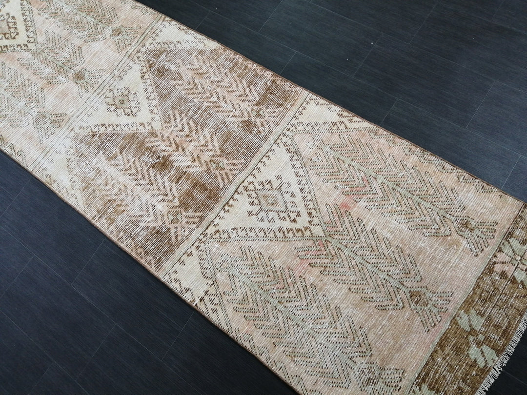 Tan Turkish Runner Rug 3' 3" x 12' 2" Hand-Knotted pattern