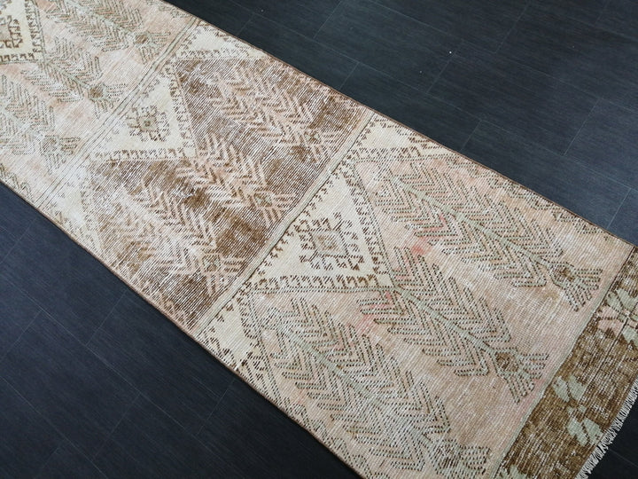 Tan Turkish Runner Rug 3' 3" x 12' 2" Hand-Knotted pattern