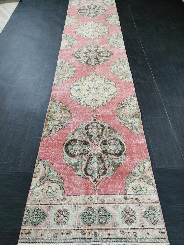 Pink Turkish Runner Rug 2' 8" x 12' 11" Hand-Knotted field
