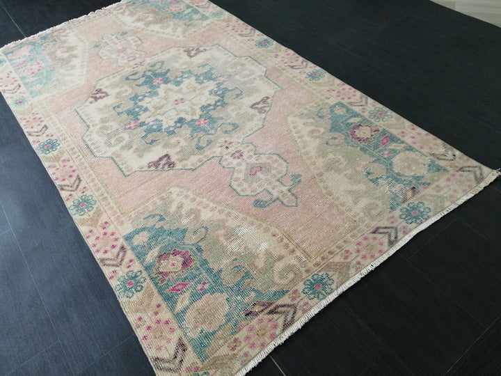 Pink Turkish Runner Rug 4' x 7' Hand-Knotted texture