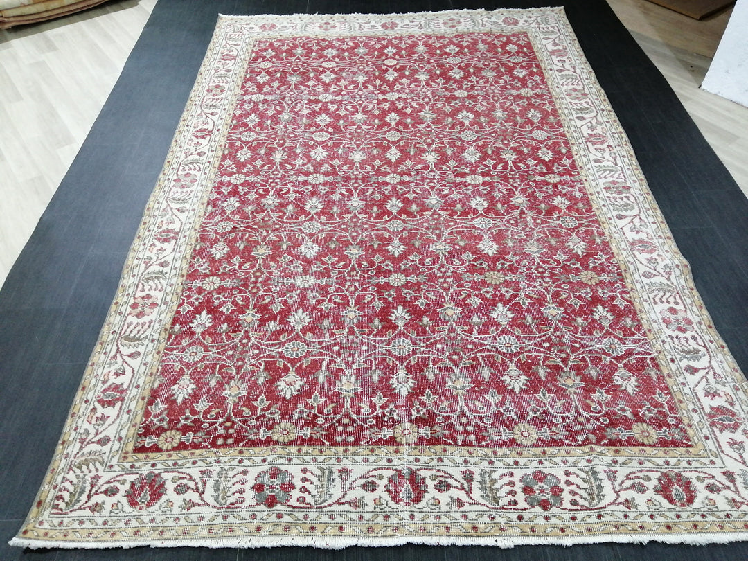 Red Turkish Oushak Rug 6' 9" x 10' 2" Hand-Knotted close-up