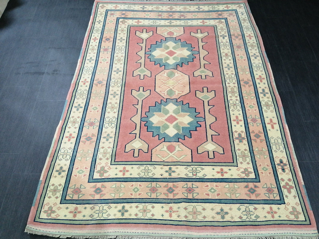 Pink Turkish Oushak Rug 4' 4" x 6' 3" Hand-Knotted pattern