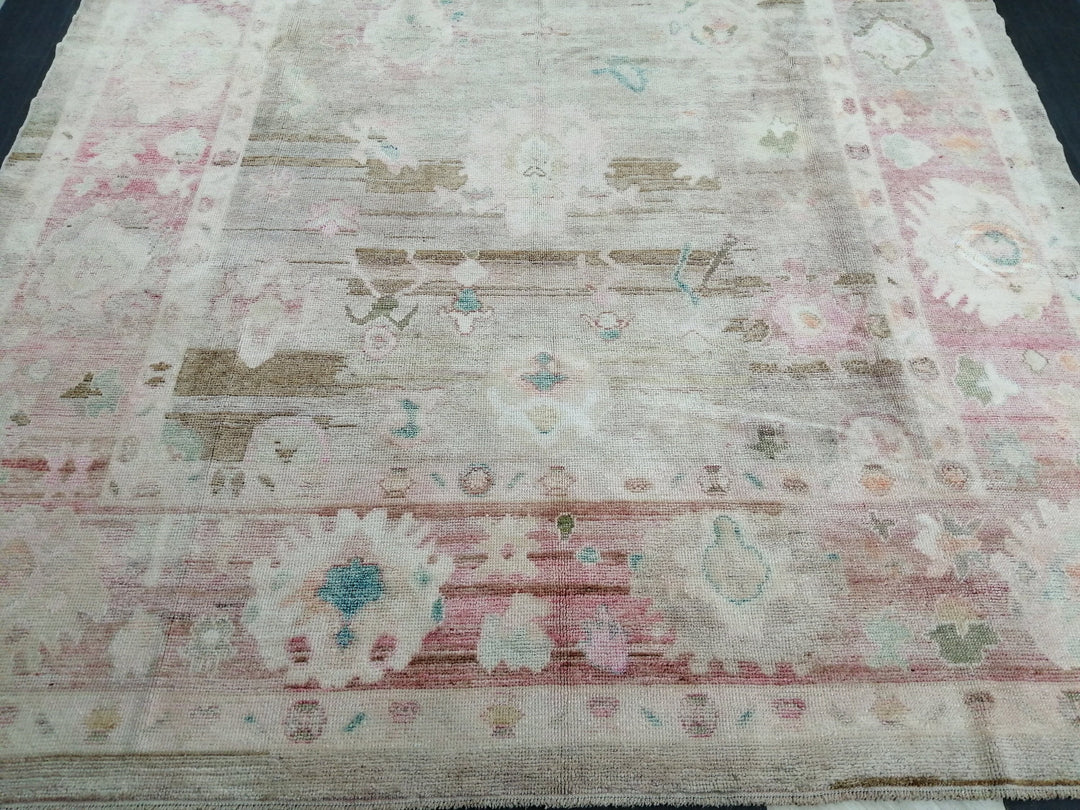 Beige Turkish Oushak Rug 9' x 13' 1" Hand-Knotted border