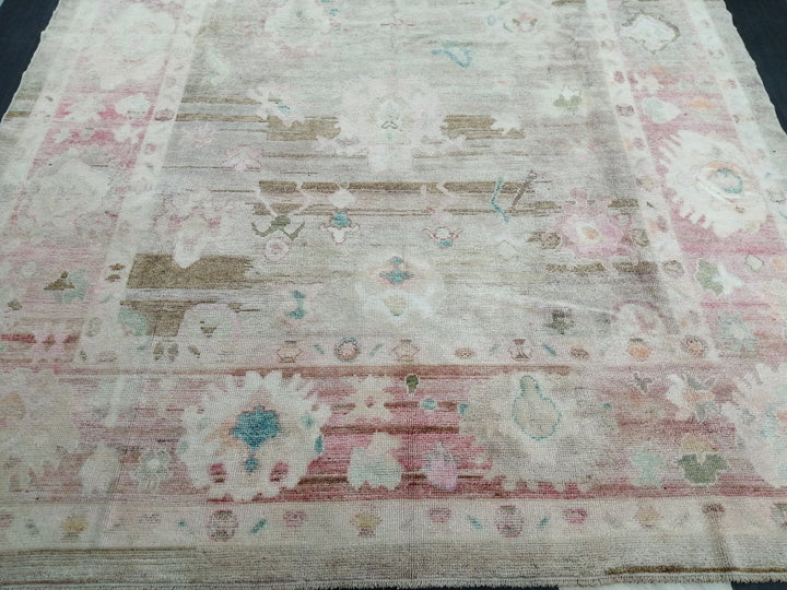 Beige Turkish Oushak Rug 9' x 13' 1" Hand-Knotted border