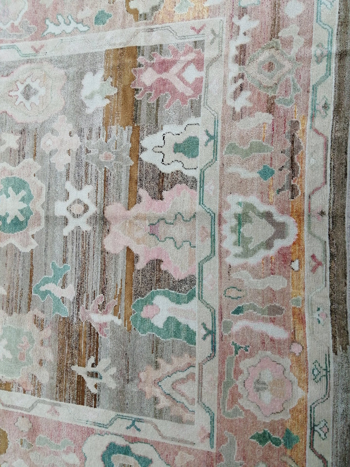 Beige Turkish Oushak Rug 9' x 12' 2" Hand-Knotted close-up
