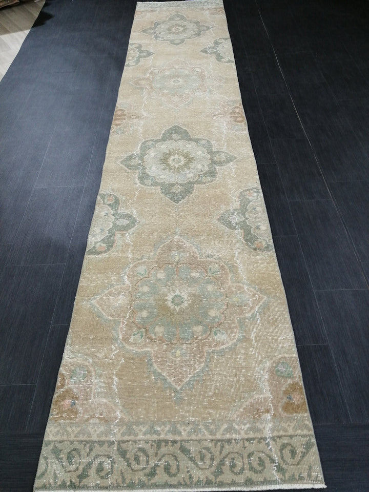 Tan Turkish Runner Rug 2' 7" x 12' 6" Hand-Knotted field