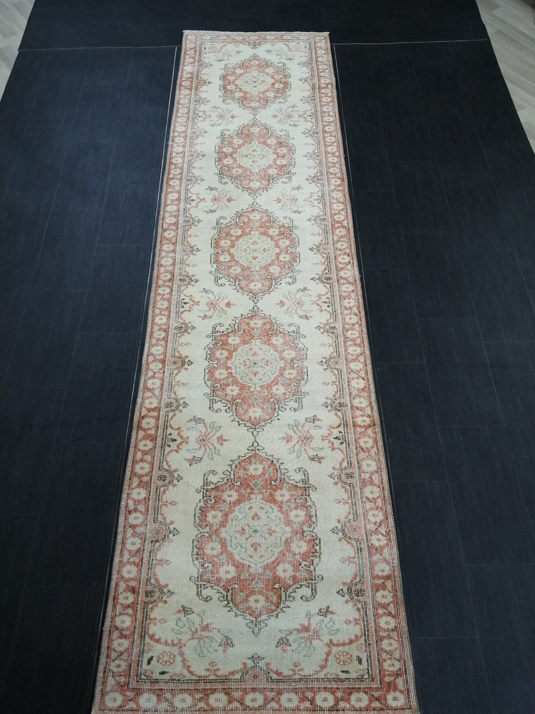 Beige Turkish Runner Rug 3' 1" x 11' 11" Hand-Knotted detail