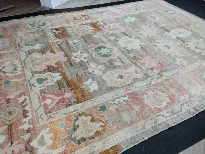 Beige Turkish Oushak Rug 9' x 12' 2" Hand-Knotted reverse