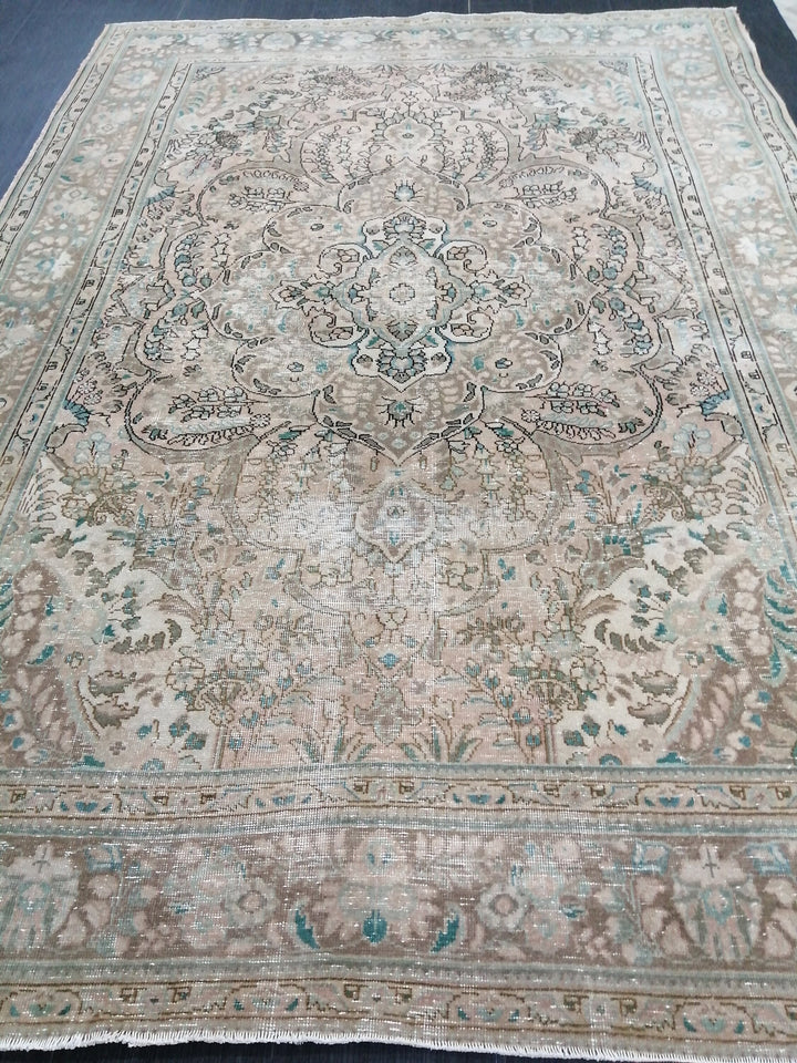 Beige Turkish Oushak Rug 6' 7" x 9' 3" Hand-Knotted reverse