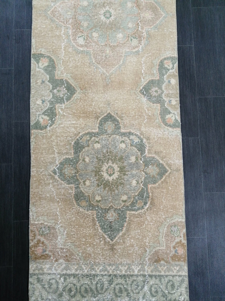 Tan Turkish Runner Rug 2' 7" x 12' 6" Hand-Knotted close-up