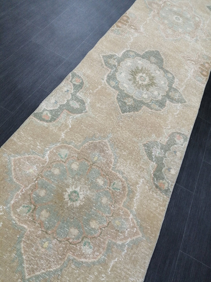 Tan Turkish Runner Rug 2' 7" x 12' 6" Hand-Knotted texture