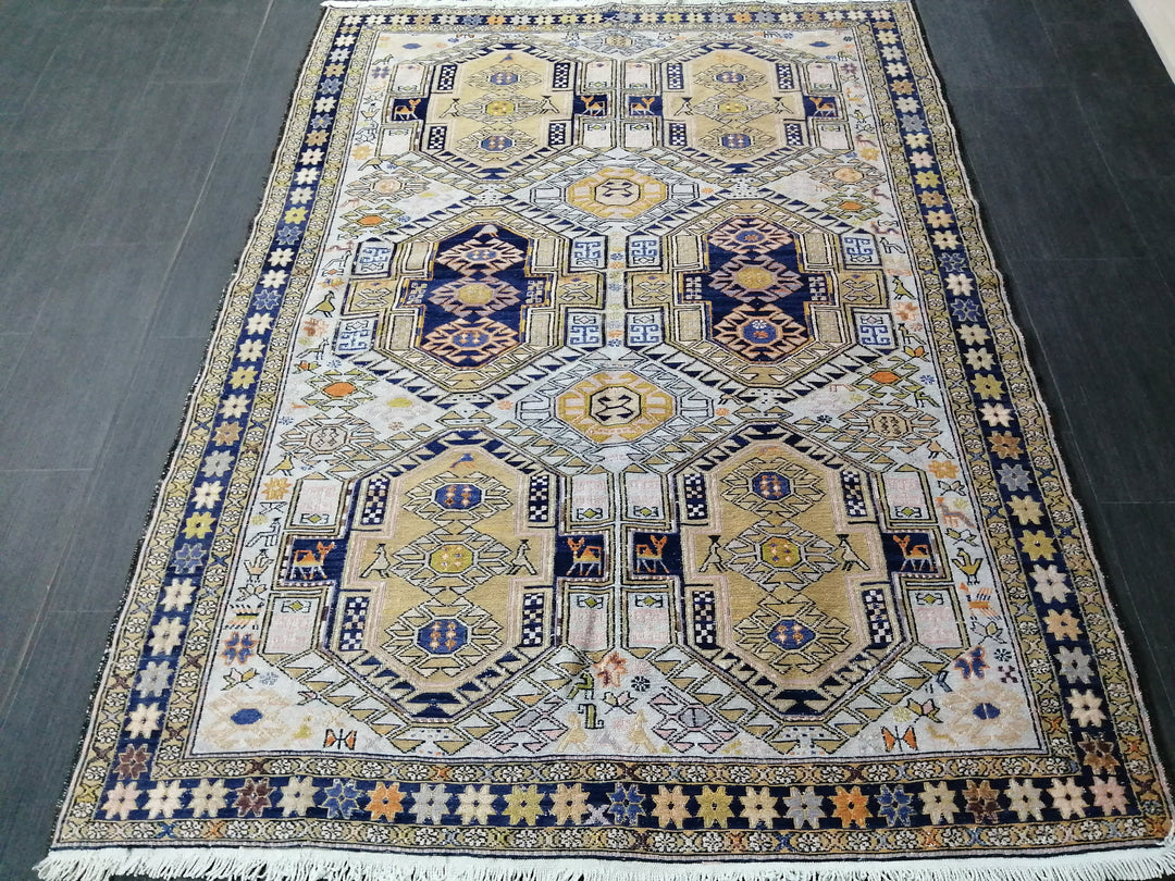 Beige Turkish Runner Rug 4' 5" x 5' 11" Hand-Knotted close-up