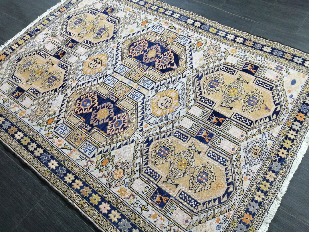 Beige Turkish Runner Rug 4' 5" x 5' 11" Hand-Knotted
