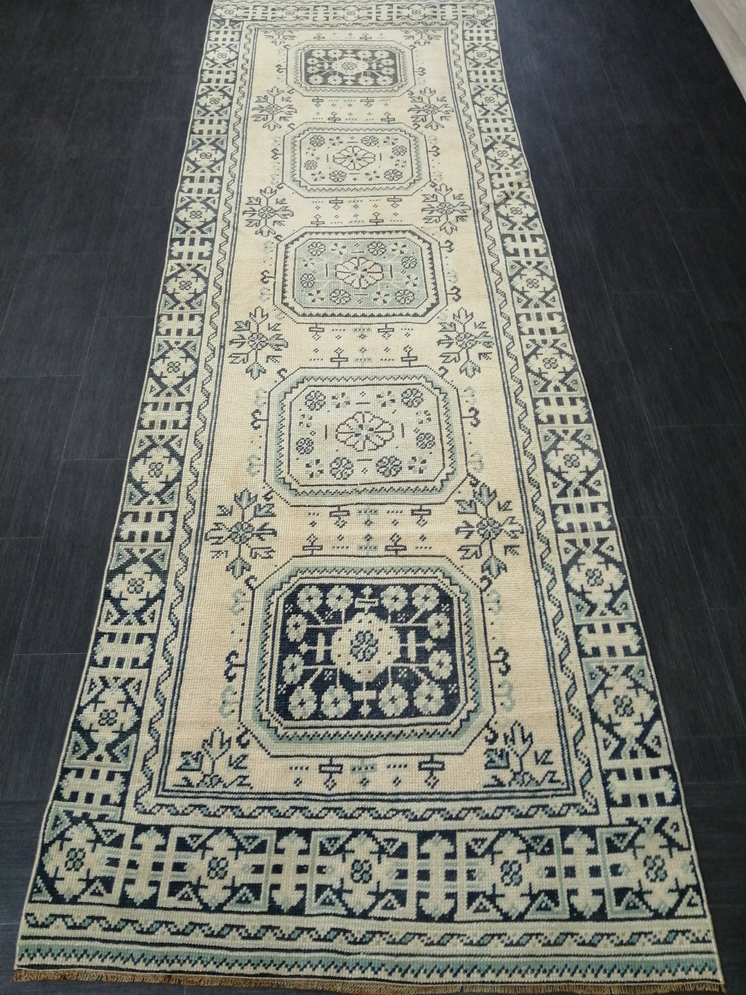 Beige Turkish Runner Rug 3' 8" x 11' 7" Hand-Knotted detail
