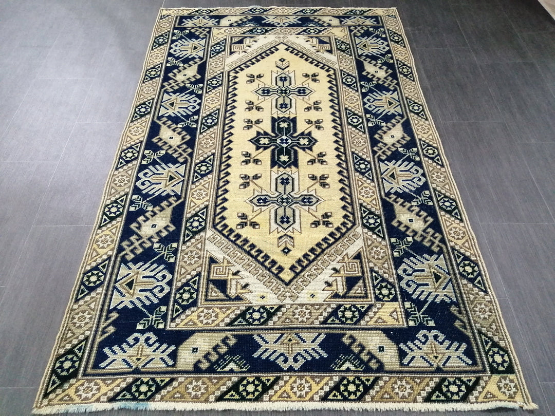 Navy Turkish Oushak Rug 3'11" x 6'2" Hand-Knotted pattern