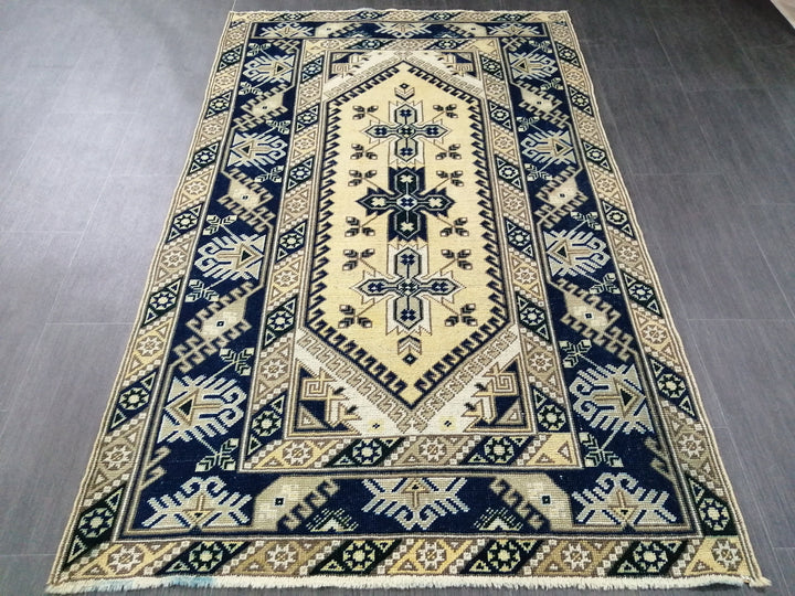 Navy Turkish Oushak Rug 3'11" x 6'2" Hand-Knotted pattern