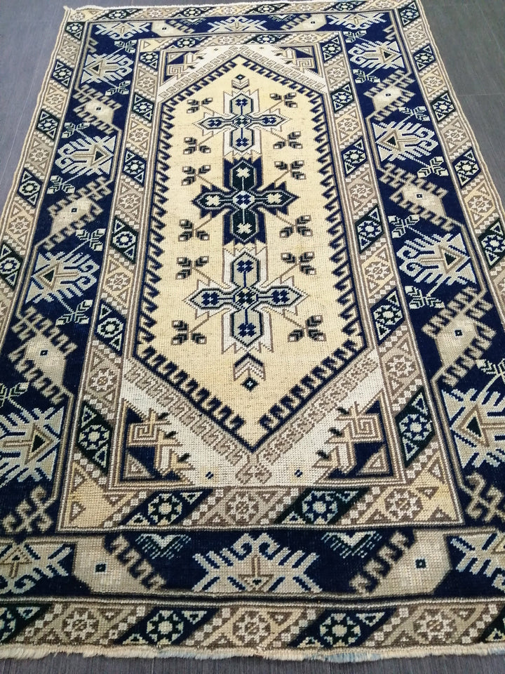 Navy Turkish Oushak Rug 3'11" x 6'2" Hand-Knotted reverse