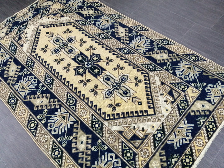 Navy Turkish Oushak Rug 3'11" x 6'2" Hand-Knotted field