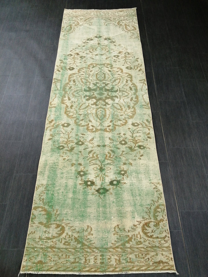 Green Turkish Runner Rug 2' 11" x 9' 3" Hand-Knotted | No. WR81901