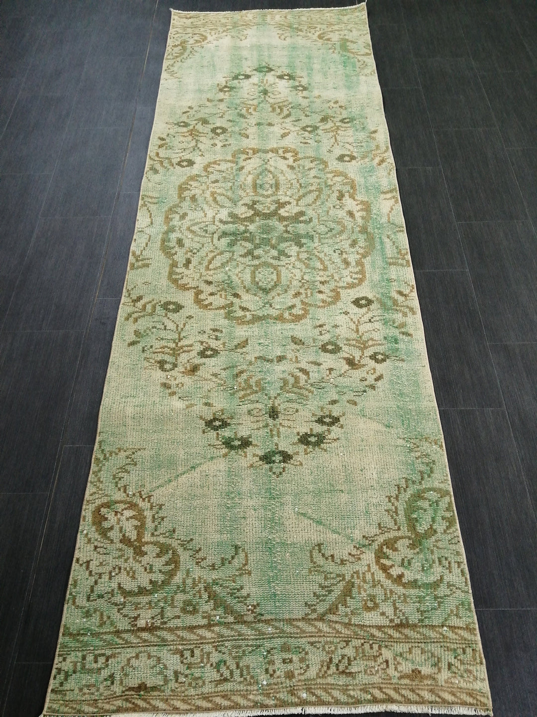 Green Turkish Runner Rug 2' 11" x 9' 3" Hand-Knotted | No. WR81901