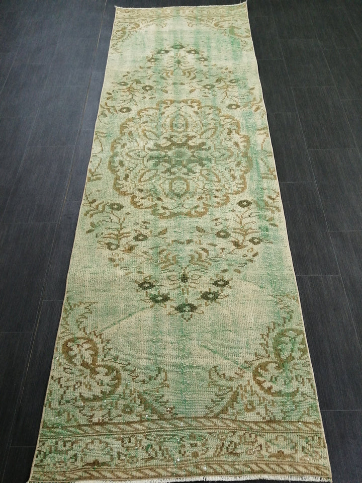 Green Turkish Runner Rug 2' 11" x 9' 3" Hand-Knotted | No. WR81901