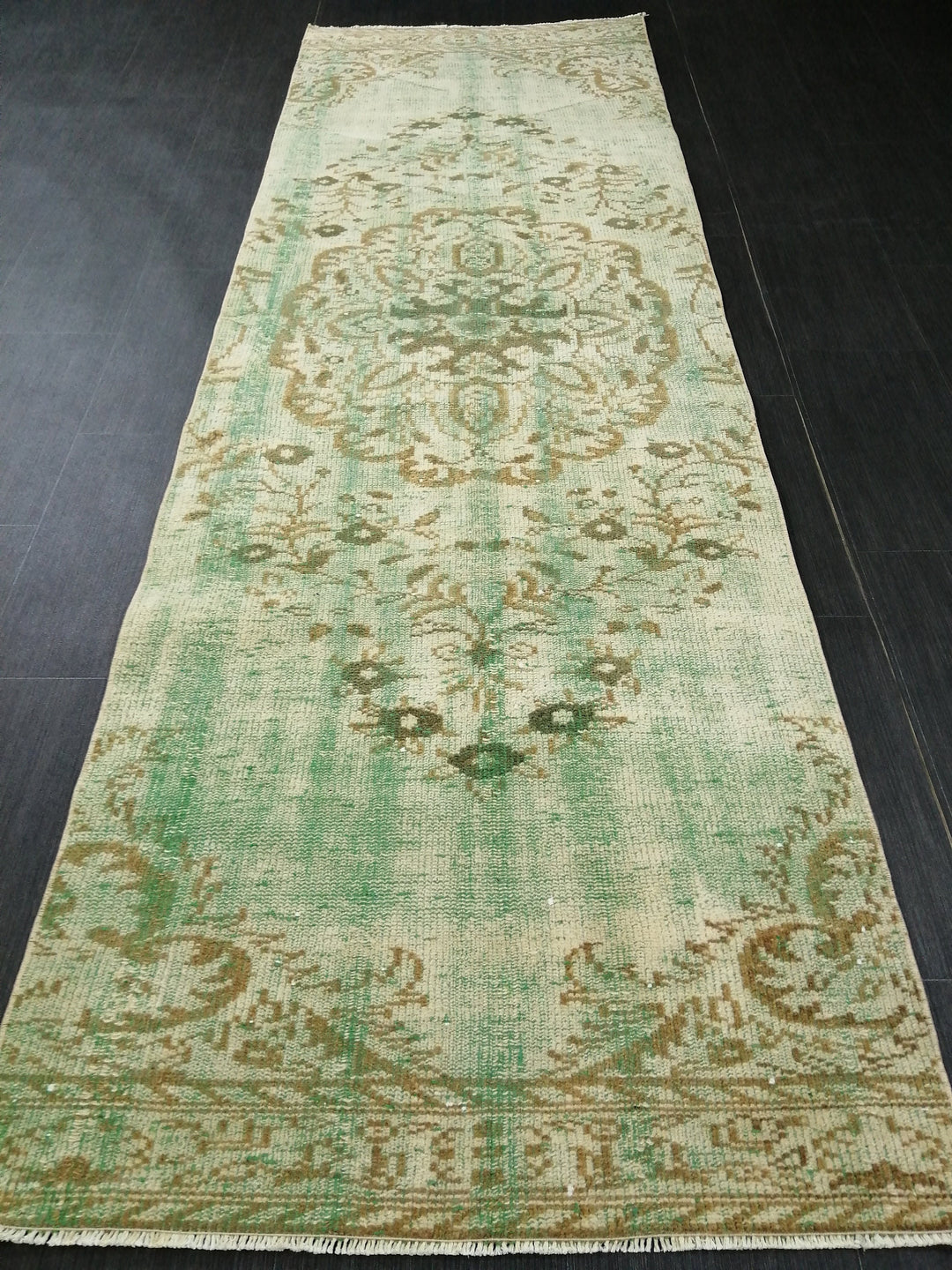 Green Turkish Runner Rug 2' 11" x 9' 3" Hand-Knotted | No. WR81901