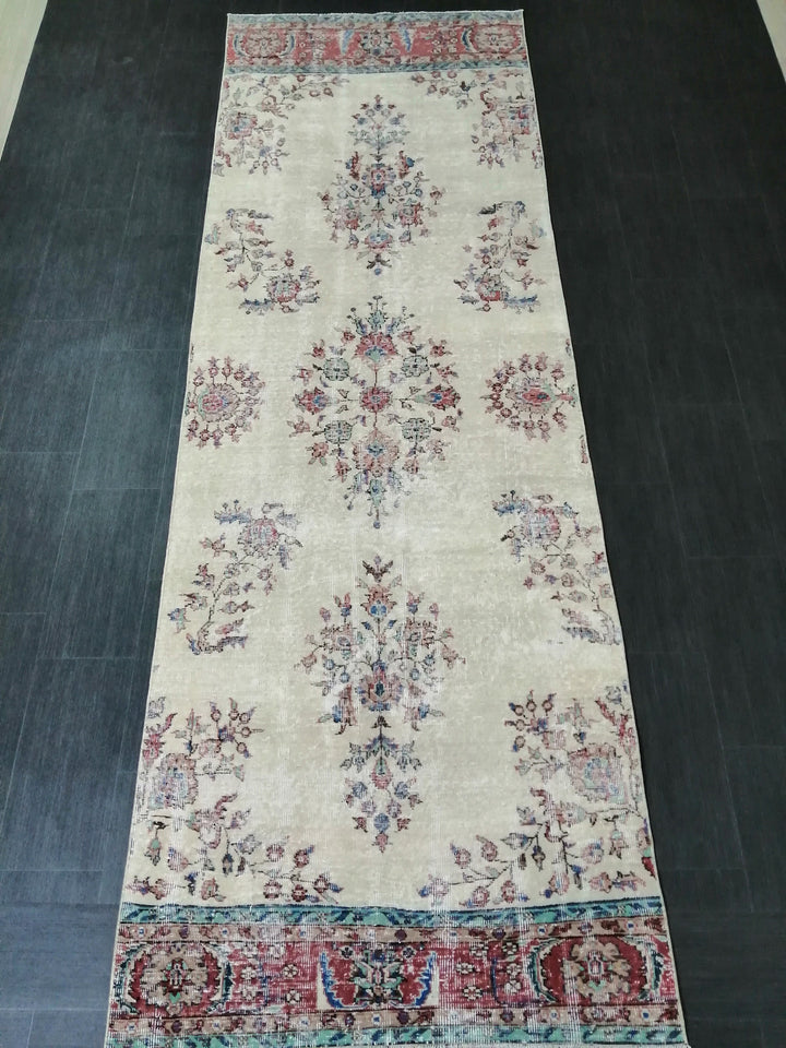 Beige Turkish Runner Rug 3' 10" x 11' 8" Hand-Knotted field