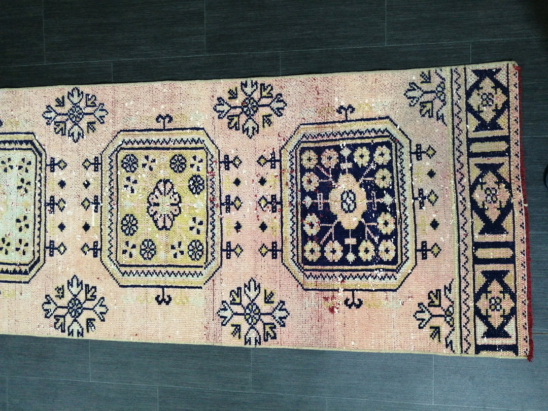 Beige Turkish Distressed Runner Rug 2' 6" x 10' 4" Hand-Knotted | No. WR72140