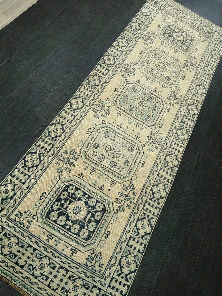 Beige Turkish Runner Rug 3' 8" x 11' 7" Hand-Knotted field