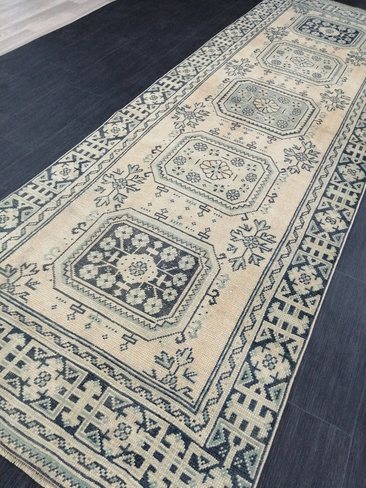 Beige Turkish Runner Rug 3' 8" x 11' 7" Hand-Knotted reverse