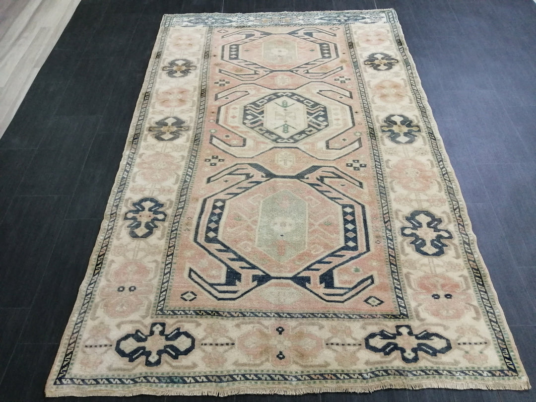 Beige Turkish Runner Rug 4' 8" x 7' 3" Hand-Knotted detail