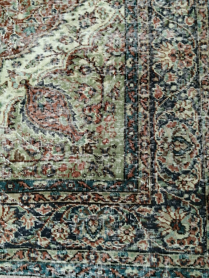 Beige Turkish Distressed Runner Rug 6' 7" x 9' 3" Hand-Knotted | No. WR63585